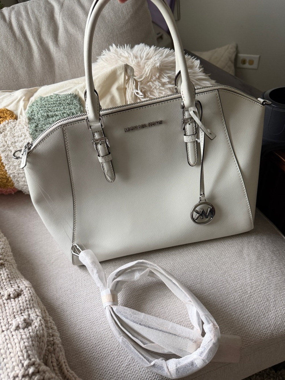Michael Kors White Saffiano Leather Dome Satchel with MK Charm - Picture 9 of 10